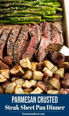 steak, potatoes and asparagus in a roasting pan with text overlay that reads parmesan crusted steak sheet pan dinner