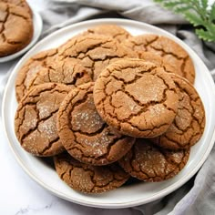 a white plate topped with cookies covered in powdered sugar on top of a table