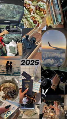 the collage shows many different pictures including food, and people in an airplane cockpit