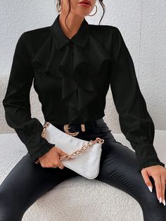 Black Elegant Collar Long Sleeve Fabric Plain Shirt Embellished Non-Stretch  Women Clothing Light Pink Blouses, Casual Denim Jeans, Wrap Top Blouse, Womens Business Casual, Plain Shirt, Women Blouses, Plain Shirts, Casual Denim, Modest Outfits