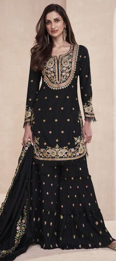 Black and Grey color Salwar Kameez in Silk fabric with Embroidered, Resham, Thread, Zari work Black Resham Embroidered Palazzo Set For Reception, Black Palazzo Set For Reception During Eid, Black Palazzo Set For Eid Reception, Traditional Black Palazzo Set For Reception, Black Bollywood Palazzo Set For Reception, Bollywood Black Palazzo Set For Reception, Black Palazzo Set With Intricate Embroidery For Wedding, Black Embroidered Palazzo Set For Wedding, Black Sharara With Dabka Work For Reception