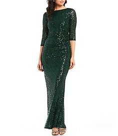 Marina Sequined Cowl-Back Column Gown Festive Evening Dress With Mermaid Hem, Festive Mermaid Hem Evening Dress, Festive Formal Fitted Mermaid Dress, Sequin Dress With Mermaid Hem For Holidays, Elegant Sequined Mermaid Dress For Festive Occasions, Fitted Green Sequin Dress For Wedding, Embellished Fitted Green Mermaid Dress, Formal Holiday Dress With Mermaid Hem, Elegant Green Sequin Dress For Wedding