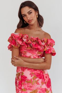 Memoire Off-Shoulder Textured Mini Dress Pink Off-shoulder Ruffled Prom Dress, Floral Print Mini Dress For Homecoming, Strapless Off Shoulder Dress With Floral Print For Party, Glamorous Off-shoulder Mini Dress With Ruffles, Off-shoulder Floral Print Mini Dress For Night Out, Senior Dresses, Homecoming Inspo, Homecoming 2024, Hoco Ideas