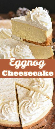 an eggnog cheesecake is cut into slices