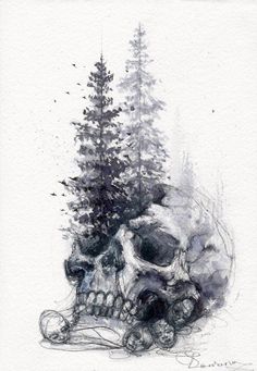 a drawing of a skull sitting next to a tree