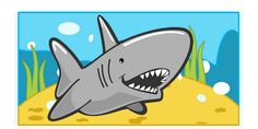 a cartoon shark with its mouth open on the sand and seaweed in the background