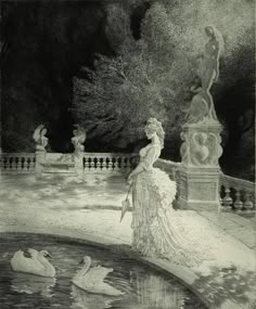 a drawing of a woman in a dress standing next to swans on a pond at night