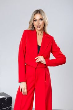 Fabric: Crepe Viscose 50%, Polyester 40%, Elastane 10% Cropped single breasted (2 button blazer) Notched lapel High rise pants Wide-leg pants Tailored Two-piece Long Sleeve Suit, Chic Two-piece Long Sleeve Blazer, Spring Two-piece Pantsuit For Work, Two-piece Long Sleeve Pantsuit For Work, Two-piece Pantsuit For Work, Solid Two-piece Pantsuit For Work, Chic Tailored Two-piece Suit, Semi-formal Long Sleeve Single Button Pantsuit, Chic Two-piece Suits For Work