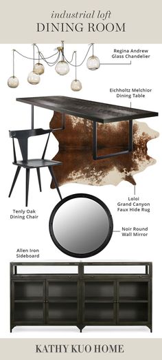 modern industrial dining room featuring a glass orb chandelier, cowhide rug and iron sideboard Modern Round Dining Room Table, Modern Industrial Dining Room, Loft Dining Room, Industrial Dining Room, Manhattan Loft, Modern Industrial Interior, Industrial Interior Style, Dining Room Industrial