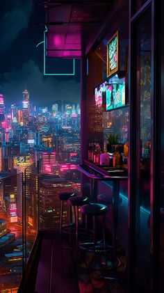 a bar overlooking a city at night with neon lights