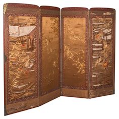 This is an antique photographic prop screen. A Japanese, silk cotton embroidered 4-fold room divider, dating to the late Victorian period, circa 1900. Delicate time-worn condition ideal for set dressing or decorative purposes Displays a desirable aged patina, in original order Four fold frame dressed in textiles and wooden panels Golden silk cotton shimmers delightfully in the light Embroidered with charming birds and foliate decor Each panel adorned with carved fretwork borders and domed crowns Japanese Room Aesthetic, Set Dressing, Japanese Room, Screen Room, Japanese Decor, Victorian Period, Folding Screen, Japanese Silk, Art Furniture