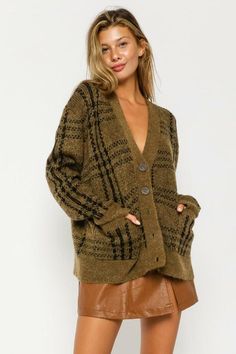 Olive and Black  Plaid Cardigan Sweater Boho Cardigan, Plaid Cardigan, Flowy Mini Dress, Bodysuit Blouse, Cute Cardigans, Warming Up, Cropped Denim Jacket, Strapless Tops