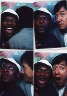 four pictures of two men making funny faces