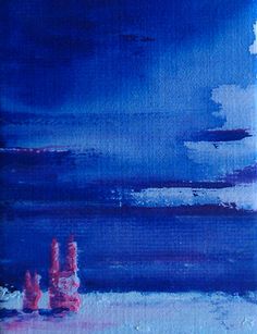 an abstract painting with blue and purple colors on the water, in which there is no image to describe