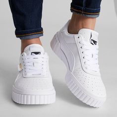 Cali Women's Sneakers, Puma White-Puma White, extralarge All White Sneakers, Puma Trainers, Puma Cali, Sneakers Puma, Cute Sneakers, White Leather Sneakers, White Sneakers Women, Cute Nikes, Sneaker Games