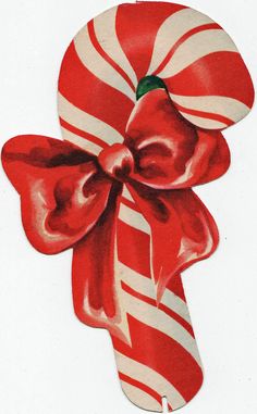 a red and white candy cane with a bow on it's side, painted in watercolor