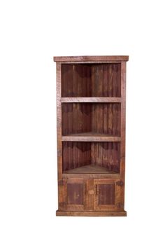 an old wooden bookcase with two doors and three shelves on the front, against a white background