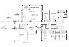 the floor plan for a home with multiple living areas and two garages on each side