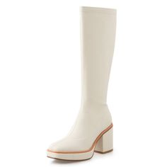 These Sally Women's Boots from USS Shoes feature a sleek and modern design with a square heel, high-quality split leather shaft material and upper material, and a knee-high boot height, which offers protection and elegance. Square toe, a plush insole, a rubber outsole, and a high 3-inch heel. Plus, they have a unique style with a solid pattern and a zip closure. Durable and stylish, these boots are perfect for autumn and spring. • Heel Type: Square Heel • Shaft Material: Split Leather • Season: Spring Knee-high Polyurethane Heeled Boots, Spring Knee-high Heeled Boots In Polyurethane, Spring Knee-high Heeled Boots, Modern Knee-high Heeled Boots For Spring, Leather Platform Boots With Block Heel, Modern Knee-high Faux Leather Boots, Formal Knee-high Polyurethane Boots, Spring Leather Knee-high Boots, Beige Leather Knee-high Boots With Comfort Fit