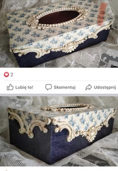 two pictures of an ornate box with blue and white designs on the sides, one is empty