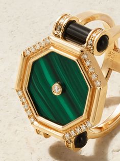 Find L’Atelier Nawbar Pillar Of Light 18-karat Gold Multi-stone Ring on Editorialist. L'Atelier Nawbar is in its fourth generation of jewelry craft, and uses techniques that date back even farther. This 'Pillar of Light' ring frames a beautifully veined malachite with diamonds and onyx 'pillars'. It's been handmade in Lebanon from 18-karat gold. Green Stone Rings, Green Rings, Light Ring, Enamel Ring, Pinky Ring, Multi Stone Ring, Gold Diamond Rings, Multi Stone, Green Stone