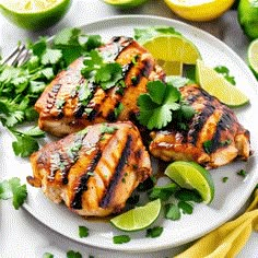 grilled chicken with cilantro and limes on a white plate next to sliced lemons