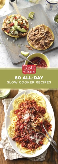 two plates of food with the title, 60 all day slow cooker recipes