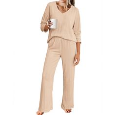 Womens Ribbed Knit Pajamas Set V Neck Long Sleeve Solid Color Outfits Top Pant Nightgowns Women Long Knit Pajamas, Knit Lounge Set, Color Outfits, Solid Color Outfits, Practice Outfits, Cotton Pajama Sets, Nightgowns For Women, Pajamas Set, Cotton Pyjamas