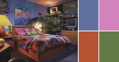 a bedroom is shown in shades of purple, red and green with an orange bed spread