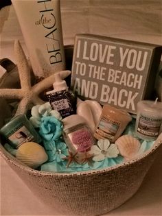 a basket filled with personal care items on top of a white cloth covered tablecloth