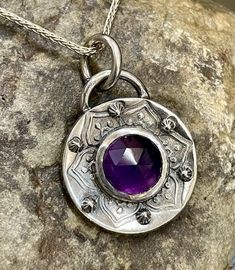 Sterling Silver Amethyst Mandala Pendant | Etsy Artisan Sterling Silver Purple Jewelry, Artisan Sterling Silver Jewelry In Purple, Purple Artisan Sterling Silver Jewelry, Artisan Purple Sterling Silver Jewelry, Engraved Amethyst Spiritual Jewelry, Artisan Amethyst Jewelry, Bohemian Stamped Round Pendant Jewelry, Spiritual Engraved Amethyst Jewelry, Artisan Hand Forged Amethyst Jewelry