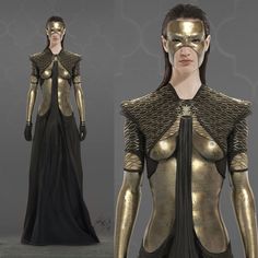 an image of a woman in gold and black armor with her face covered by metal