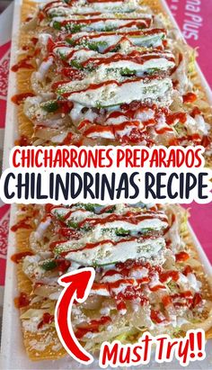 there are many different types of food on the table with words above it that read chicharros preprados chiliindnas recipe