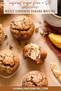 banana muffins with maple cinnamon glaze on top and text overlay that reads,