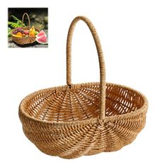 a wicker basket with handles is shown in front of an image of watermelon