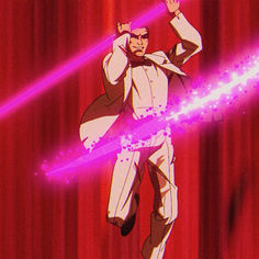 the animated character is flying through the air with his arms in the air and one hand up