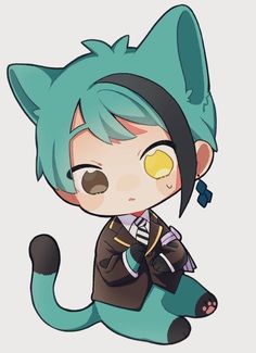 an anime character with blue hair sitting on top of a green cat's tail