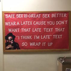 Safe sex RA bulletin board #ra #bulletin #board #reslife #bulletinboard Ra Bulletin Board Ideas Welcome College, Funny Ra Bulletin Boards, Resident Assistant Boards, Garden Bulletin Boards, Ra Programming