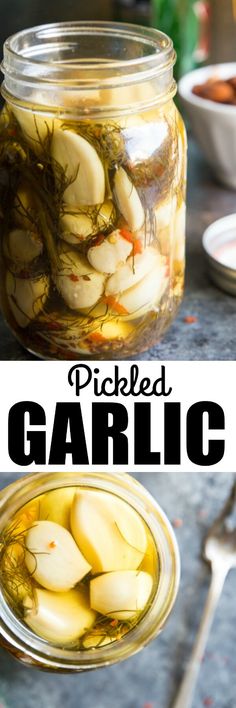 pickled garlic in a glass jar with spoon