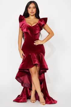 Available In Wine. Velvet Gown V-Neckline Short Ruffle Sleeves High Low Hem Stretch 95% Polyester 5% Spandex Imported | Like A Star Velvet Gown Dress in Wine size 3X by Fashion Nova Velvet Dressing Gown, Christmas Outfit Ideas, Trendy Christmas Outfits, Red Velvet Dress, Velvet Gown, Gown Dress, Ruffle Sleeves, Matching Dresses, High Low Hem