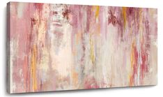 an abstract painting with pink, yellow and white colors on the canvas stretched to the wall