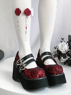 Goth Shoes Aesthetic, Red Goth Aesthetic, Black Dress Red Heels, Red Prom Shoes, Aradia Megido, Gothic Goddess, Red Platform Shoes, Red Goth, Steampunk Shoes