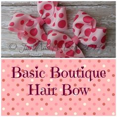 pink and white polka dot hair bow with the words basic boutique hair bow on it