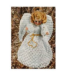 a crocheted angel ornament hanging from a tree with gold trimmings