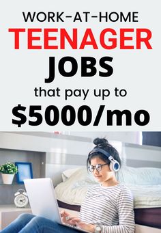 a woman sitting on the floor with her laptop and headphones in front of her, text reads work - at - home teenager jobs that pay up to $ 500 / mo