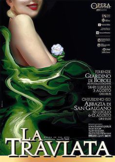 the poster for la traviata shows a woman in a green dress with flowers on her hair