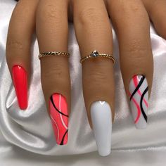 Summer Nails Ideas 2024, Summer Coral Nails, Medium Coffin Nails, Spring Nails Coffin, Medium Coffin, Coral Nails