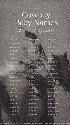 the poster for cowboy baby names is shown with an image of a man on a horse