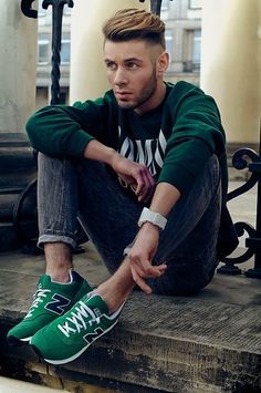 Menswear | tevin-jackson: more men’s... Green Shoes Outfit, Green Outerwear, New Balance Outfit, Nike Outlet, Green Sneakers, Outfit Trends, Men Street, Green Shoes, Gentleman Style