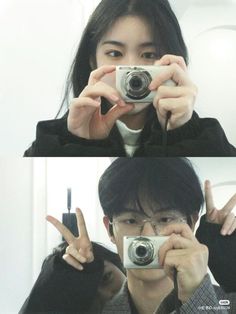 two pictures of a person taking a selfie with a camera